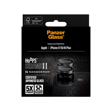 PanzerGlass iPhone 17 / 16 / 16 Plus Ceramic Hoops Kameralinsebeskyttelse m. Installationsramme - Sort