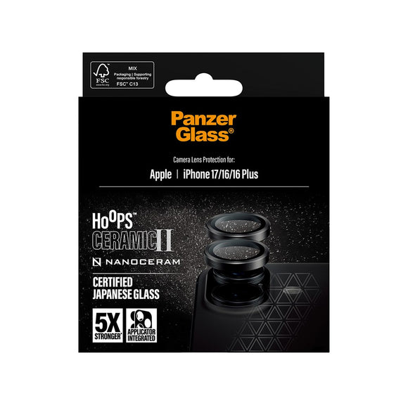PanzerGlass iPhone 17 / 16 / 16 Plus Ceramic Hoops Kameralinsebeskyttelse m. Installationsramme - Sort