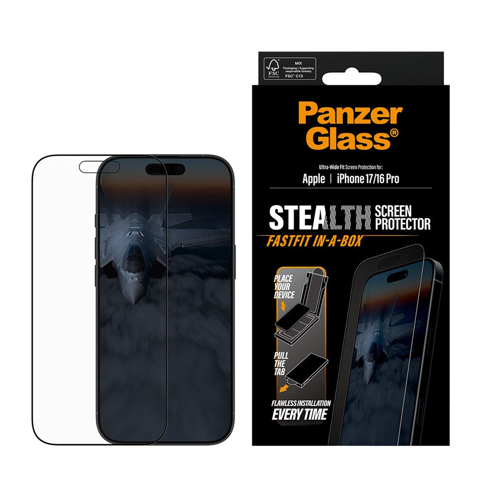 PanzerGlass iPhone 17 / 16 Pro Stealth Skærmbeskyttelse - Ultra-Wide Fit - Gennemsigtig / Sort Kant