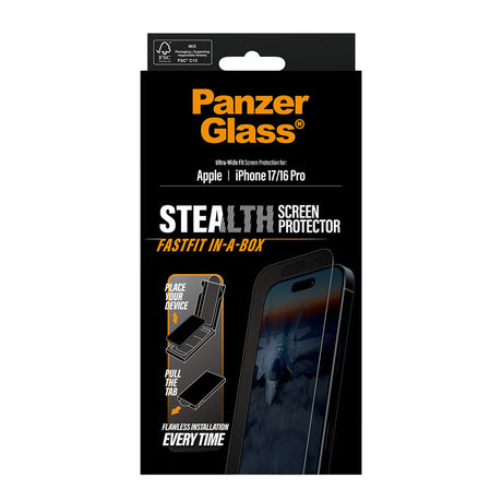 PanzerGlass iPhone 17 / 16 Pro Stealth Skærmbeskyttelse - Ultra-Wide Fit - Gennemsigtig / Sort Kant