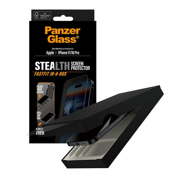 PanzerGlass iPhone 17 / 16 Pro Stealth Skærmbeskyttelse - Ultra-Wide Fit - Gennemsigtig / Sort Kant