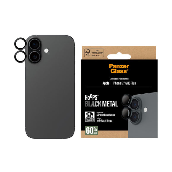 PanzerGlass iPhone 17 / 16 / 16 Plus Hoops Kameralinsebeskyttelse m. Installationsramme - Sort