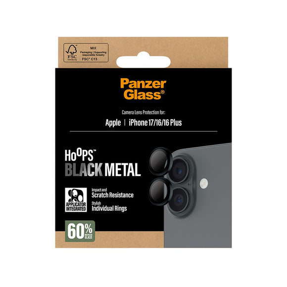 PanzerGlass iPhone 17 / 16 / 16 Plus Hoops Kameralinsebeskyttelse m. Installationsramme - Sort