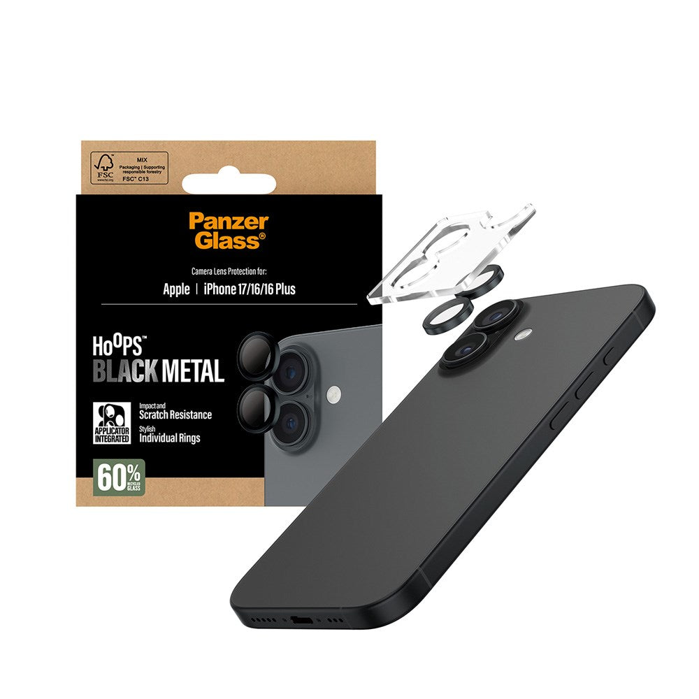 PanzerGlass iPhone 17 / 16 / 16 Plus Hoops Kameralinsebeskyttelse m. Installationsramme - Sort