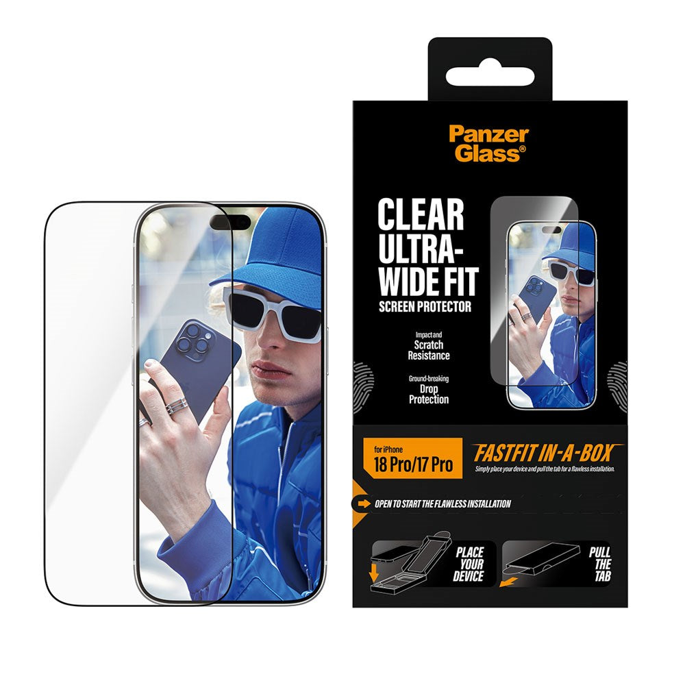 iPhone 18 Pro / 17 Pro PanzerGlass Skærmbeskyttelsesglas m. FastFit In-A-Box - Ultra Wide Fit - Gennemsigtig