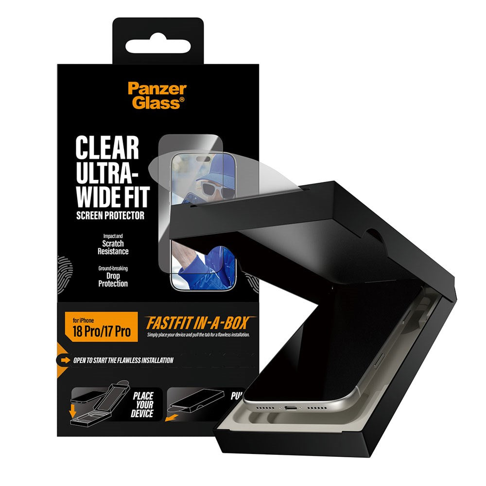 iPhone 18 Pro / 17 Pro PanzerGlass Skærmbeskyttelsesglas m. FastFit In-A-Box - Ultra Wide Fit - Gennemsigtig