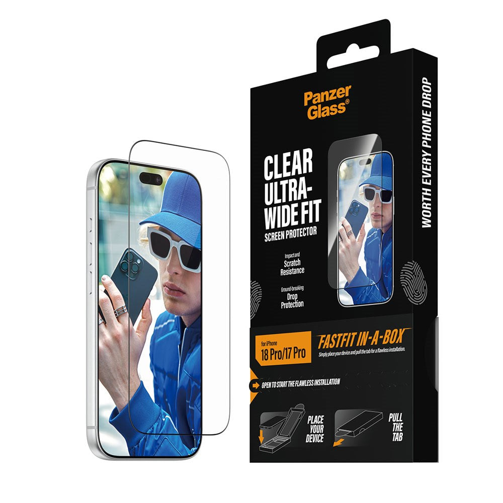 iPhone 18 Pro / 17 Pro PanzerGlass Skærmbeskyttelsesglas m. FastFit In-A-Box - Ultra Wide Fit - Gennemsigtig
