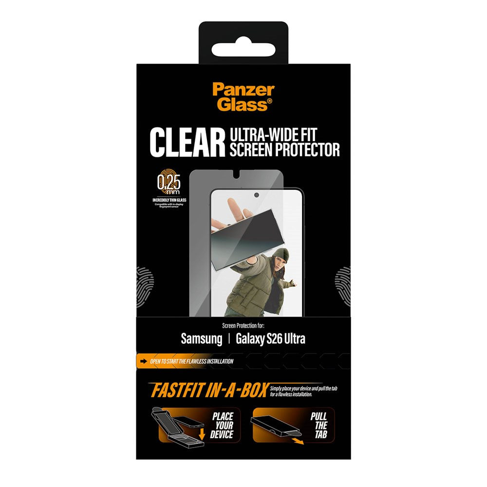 Samsung Galaxy S26 Ultra PanzerGlass Skærmbeskyttelsesglas m. FastFit In-A-Box - Ultra Wide Fit - Gennemsigtig