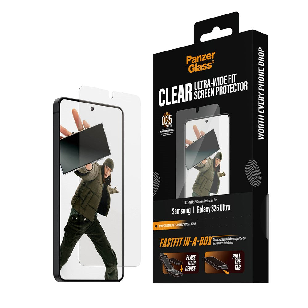 Samsung Galaxy S26 Ultra PanzerGlass Skærmbeskyttelsesglas m. FastFit In-A-Box - Ultra Wide Fit - Gennemsigtig