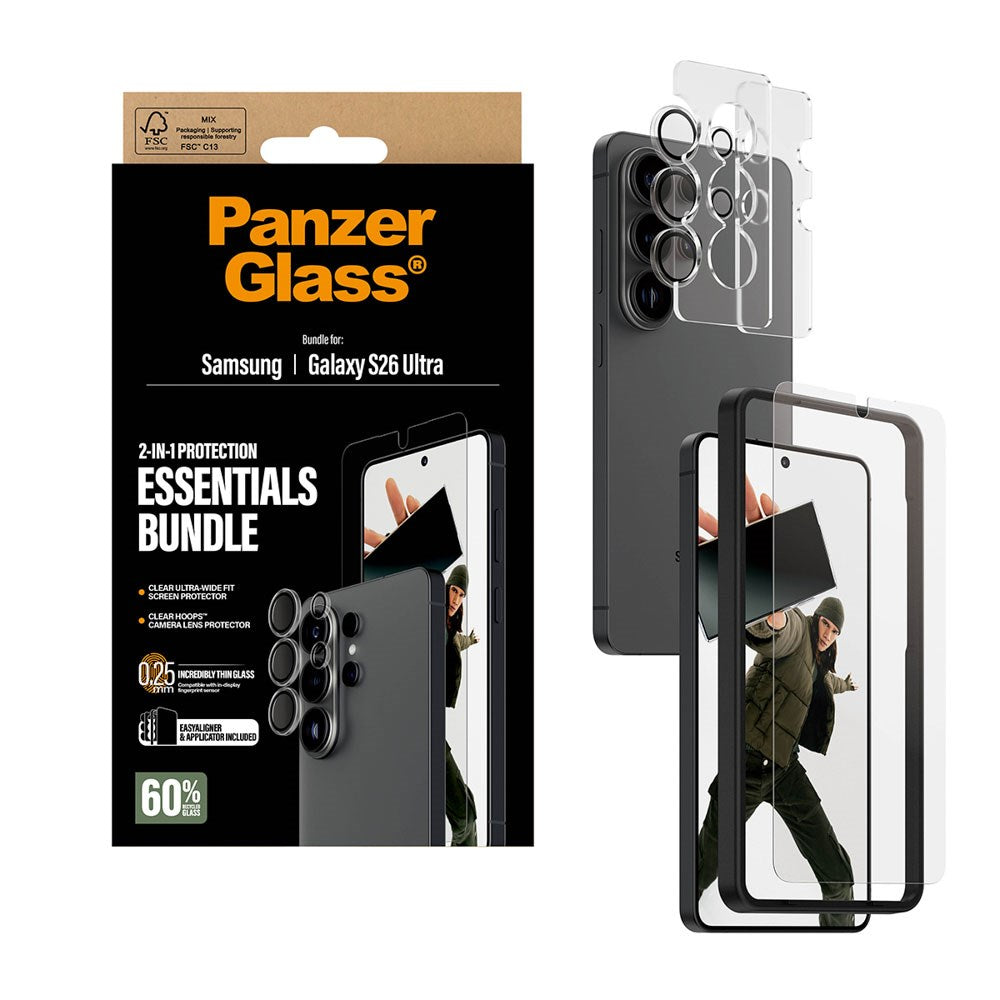 Samsung Galaxy S26 Ultra PanzerGlass Hoops 2-in-1 Bundle m. EasyAligner / Skærmbeskyttelse (UWF) / Hoops Kamerabeskyttelse - Gennemsigtig