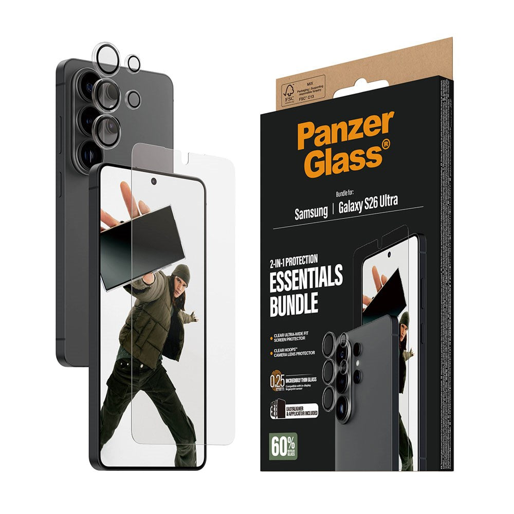 Samsung Galaxy S26 Ultra PanzerGlass Hoops 2-in-1 Bundle m. EasyAligner / Skærmbeskyttelse (UWF) / Hoops Kamerabeskyttelse - Gennemsigtig