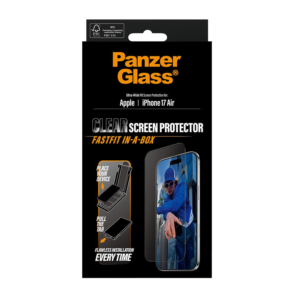 PanzerGlass iPhone Air Skærmbeskyttelsesglas m. FastFit In-A-Box - Ultra Wide Fit - Gennemsigtig