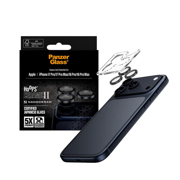 PanzerGlass iPhone 17 Pro / 17 Pro Max / 16 Pro / 16 Pro Max Ceramic Hoops Kameralinsebeskyttelse m. Installationsramme - Sort
