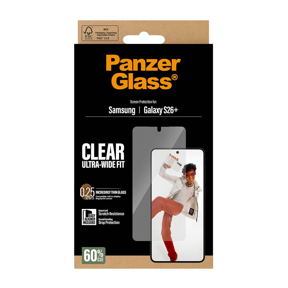 Samsung Galaxy S26+ (Plus) PanzerGlass Skærmbeskyttelsesglas m. EasyAligner - Ultra Wide Fit - Gennemsigtig