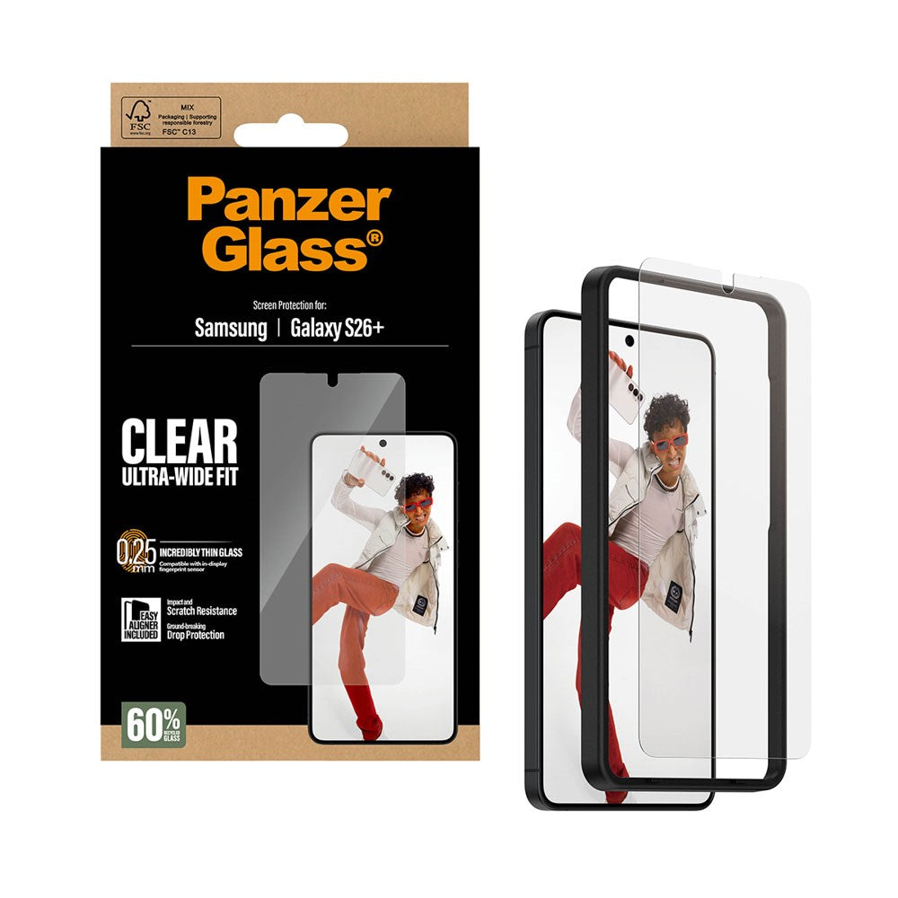 Samsung Galaxy S26+ (Plus) PanzerGlass Skærmbeskyttelsesglas m. EasyAligner - Ultra Wide Fit - Gennemsigtig