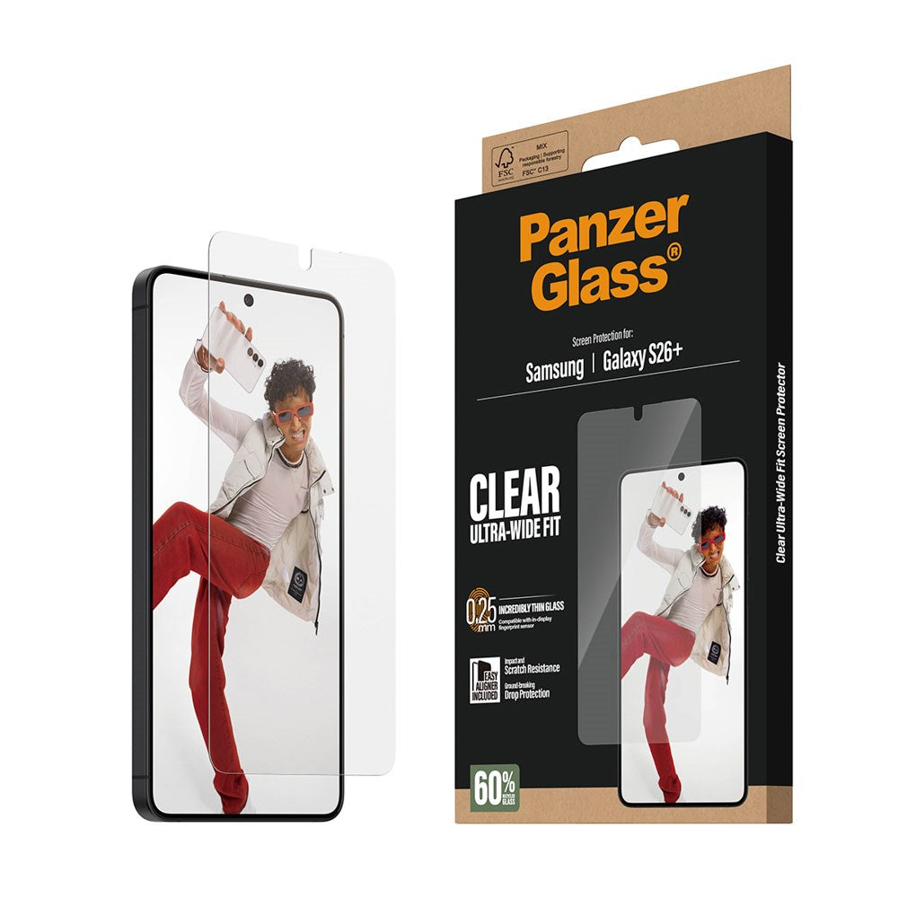 Samsung Galaxy S26+ (Plus) PanzerGlass Skærmbeskyttelsesglas m. EasyAligner - Ultra Wide Fit - Gennemsigtig