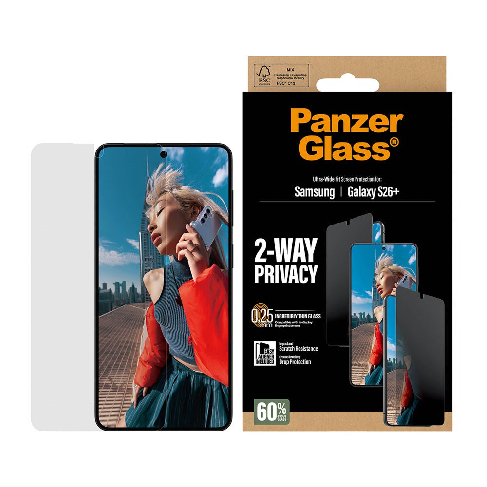 Samsung Galaxy S26+ (Plus) PanzerGlass 2-Way Privacy Skærmbeskyttelse m. EasyAligner - Gennemsigtig