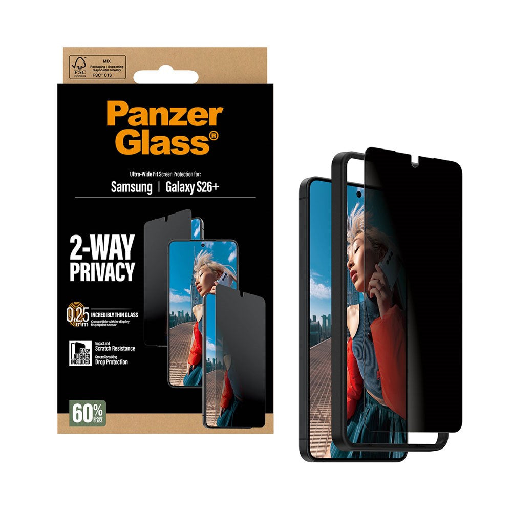Samsung Galaxy S26+ (Plus) PanzerGlass 2-Way Privacy Skærmbeskyttelse m. EasyAligner - Gennemsigtig