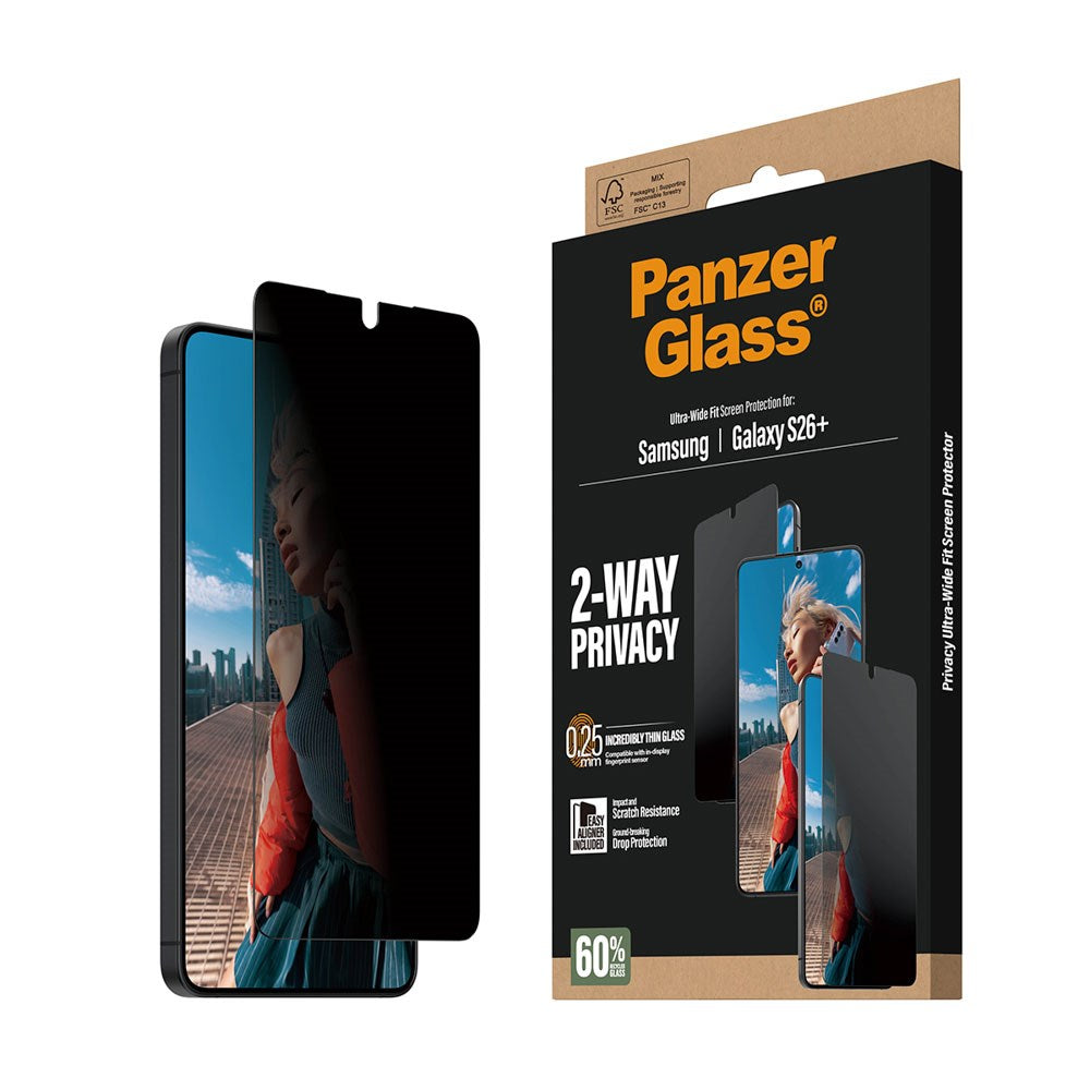 Samsung Galaxy S26+ (Plus) PanzerGlass 2-Way Privacy Skærmbeskyttelse m. EasyAligner - Gennemsigtig