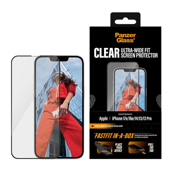 iPhone 17e / 16e / 14 / 13 / 13 Pro PanzerGlass Skærmbeskyttelsesglas m. FastFit In-A-Box - Ultra Wide Fit - Gennemsigtig