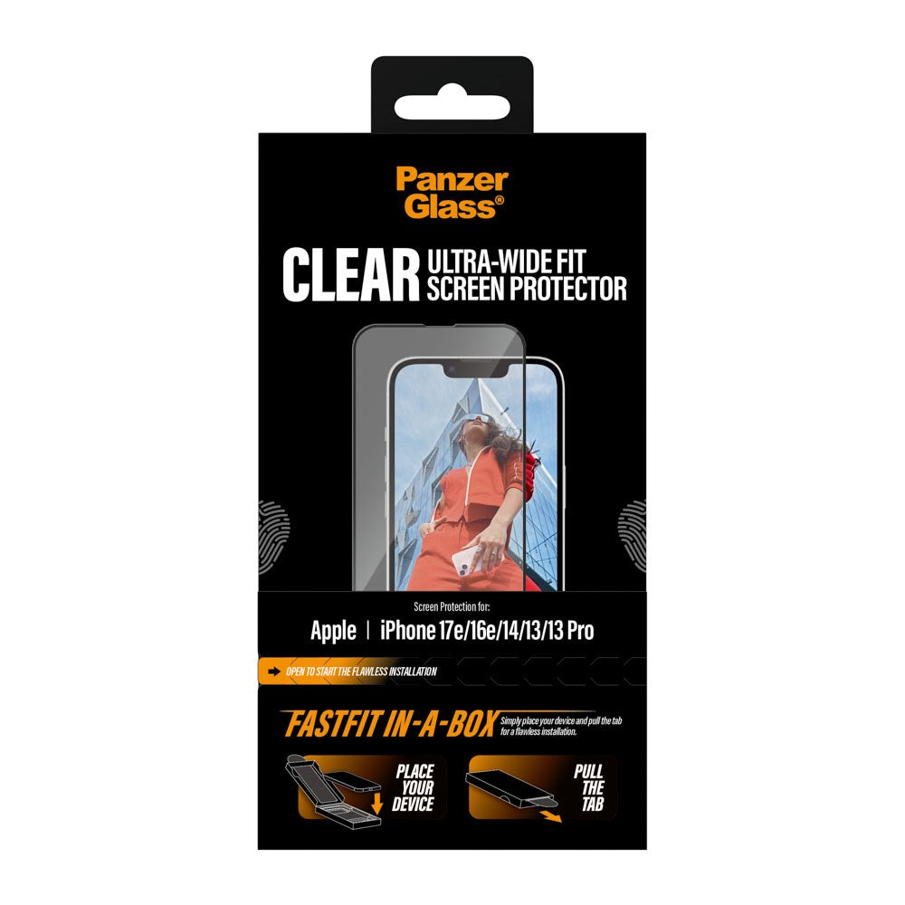 iPhone 17e / 16e / 14 / 13 / 13 Pro PanzerGlass Skærmbeskyttelsesglas m. FastFit In-A-Box - Ultra Wide Fit - Gennemsigtig