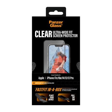 iPhone 17e / 16e / 14 / 13 / 13 Pro PanzerGlass Skærmbeskyttelsesglas m. FastFit In-A-Box - Ultra Wide Fit - Gennemsigtig