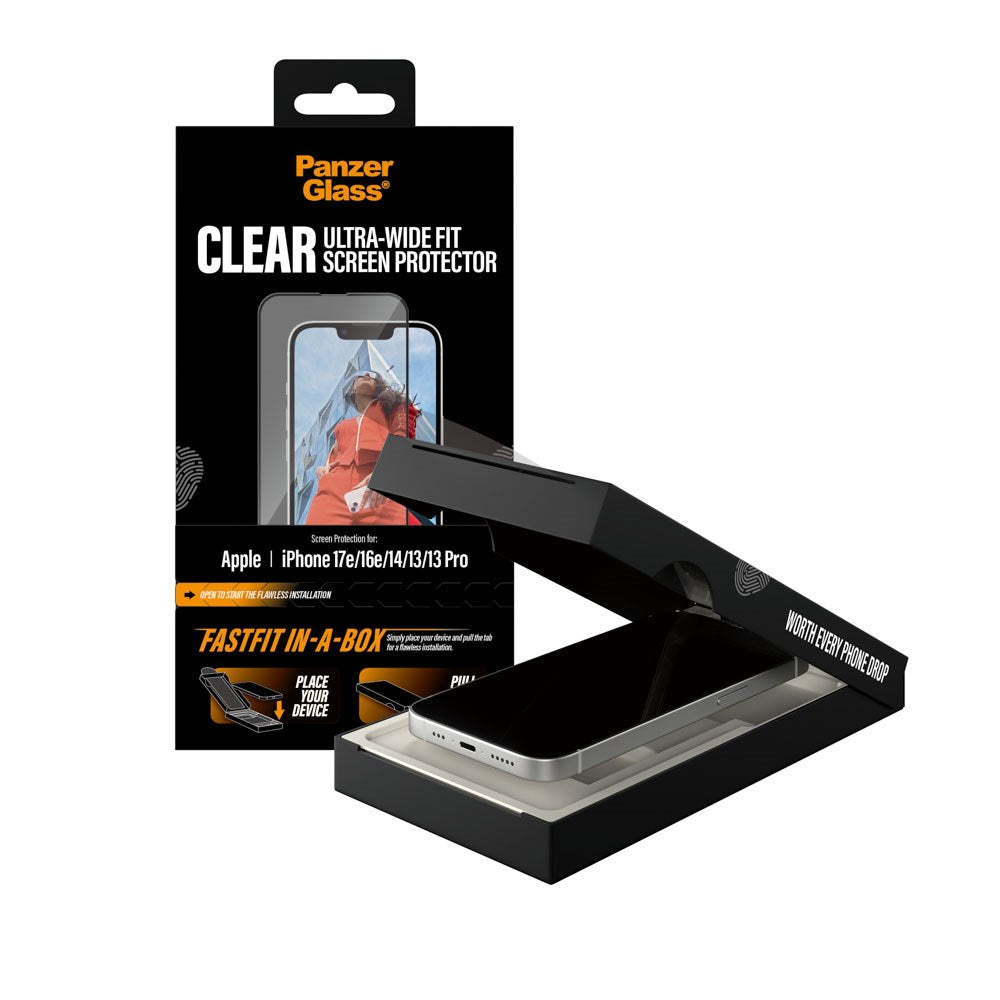 iPhone 17e / 16e / 14 / 13 / 13 Pro PanzerGlass Skærmbeskyttelsesglas m. FastFit In-A-Box - Ultra Wide Fit - Gennemsigtig