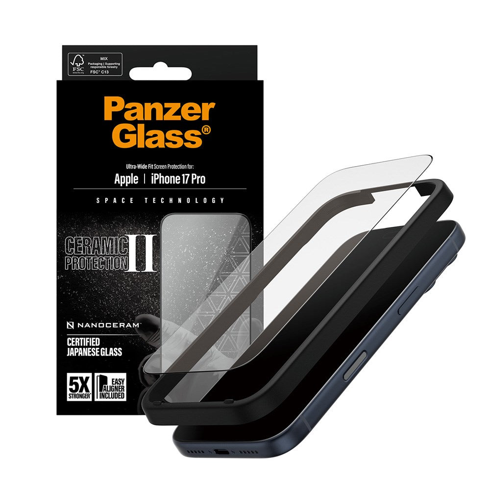 PanzerGlass iPhone 17 Pro Ceramic Skærmbeskyttelse m. EasyAligner - Ultra Wide Fit - Gennemsigtig