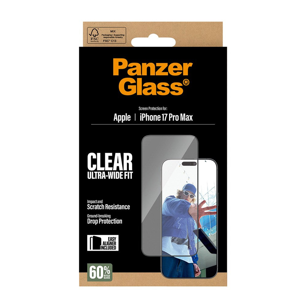 PanzerGlass iPhone 17 Pro Max Skærmbeskyttelsesglas m. EasyAligner - Ultra Wide Fit - Gennemsigtig