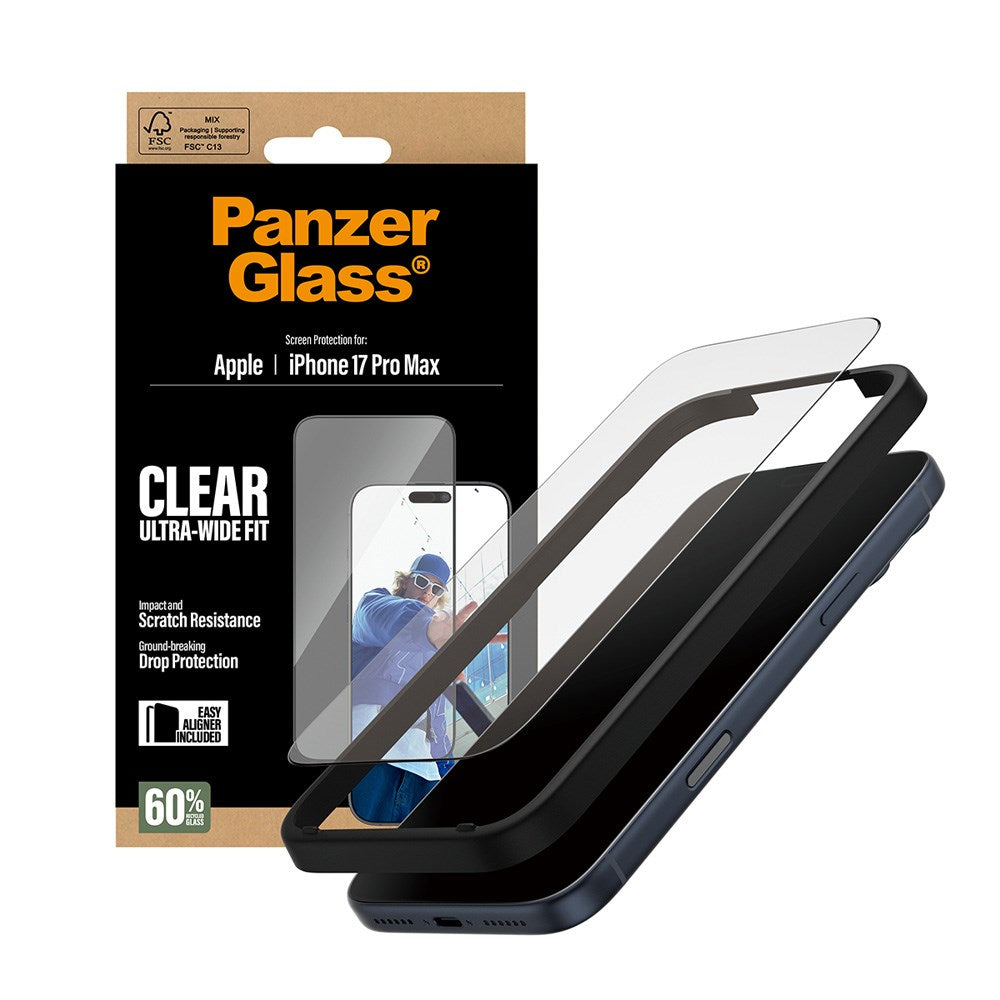 PanzerGlass iPhone 17 Pro Max Skærmbeskyttelsesglas m. EasyAligner - Ultra Wide Fit - Gennemsigtig
