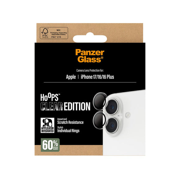 PanzerGlass iPhone 17 / 16 / 16 Plus Hoops Kameralinsebeskyttelse m. Installationsramme - Gennemsigtig