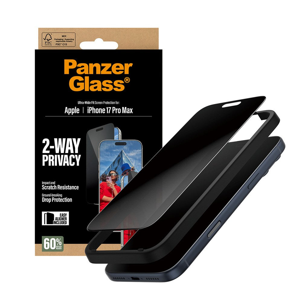 PanzerGlass iPhone 17 Pro Max 2-Way Privacy Skærmbeskyttelse - Ultra-Wide Fit - Gennemsigtig
