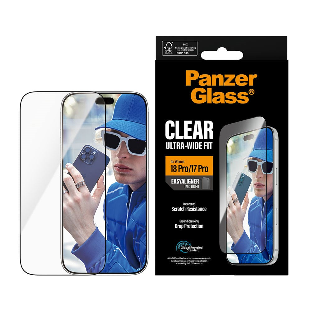 iPhone 18 Pro / 17 Pro PanzerGlass Skærmbeskyttelsesglas - Ultra Wide Fit m. EasyAligner - Gennemsigtig