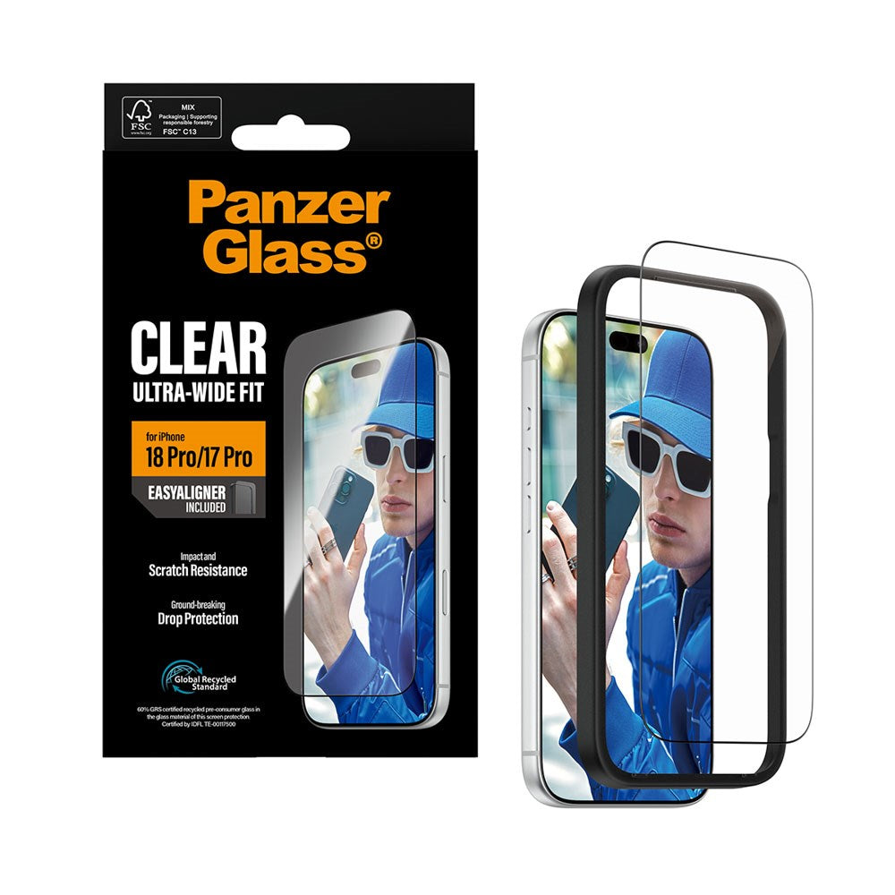 iPhone 18 Pro / 17 Pro PanzerGlass Skærmbeskyttelsesglas - Ultra Wide Fit m. EasyAligner - Gennemsigtig