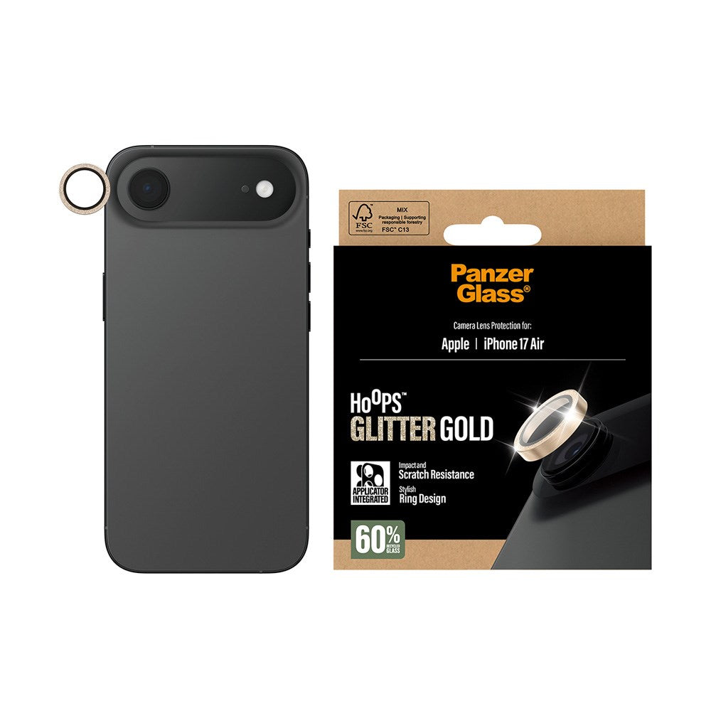 PanzerGlass iPhone Air Hoops Kameralinsebeskyttelse m. Installationsramme - Glitter Guld