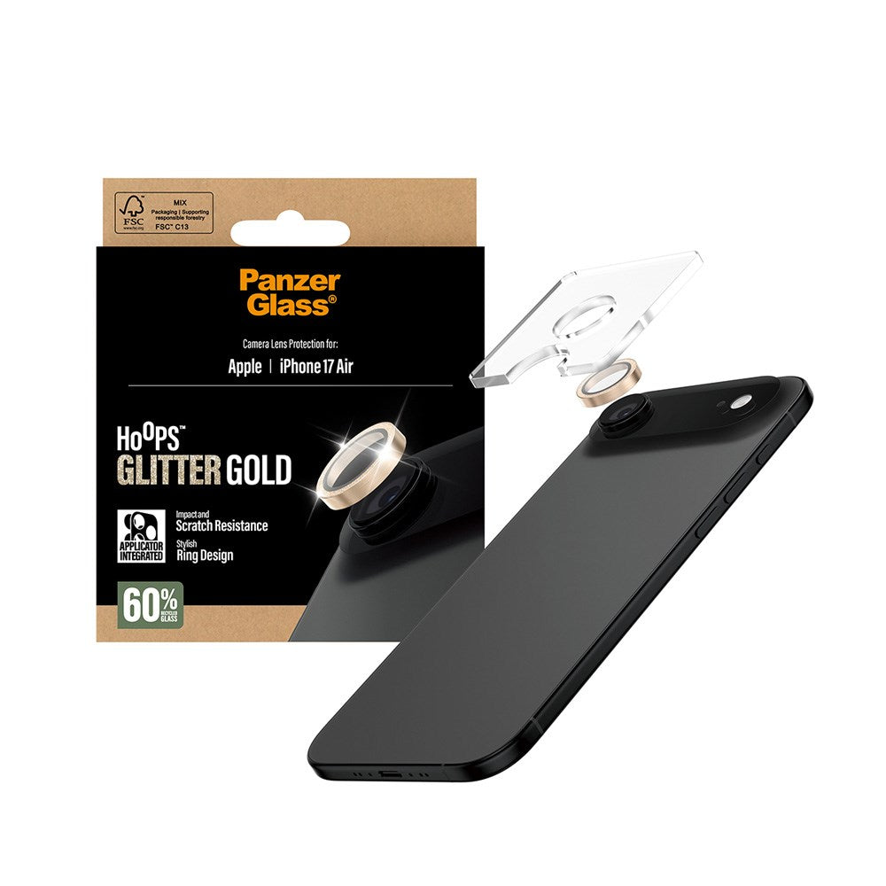 PanzerGlass iPhone Air Hoops Kameralinsebeskyttelse m. Installationsramme - Glitter Guld