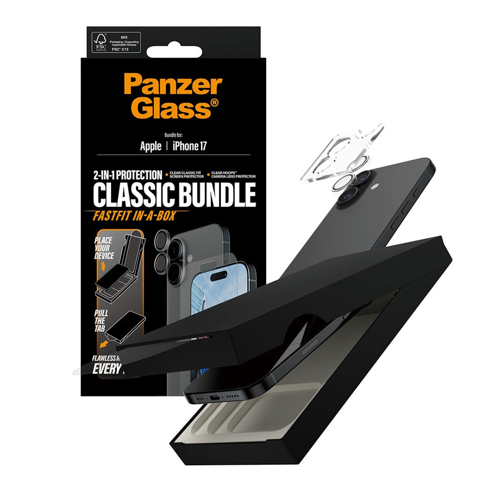 PanzerGlass iPhone 17 2-in-1 Classic Bundle - Skærmbeskyttelse + Kameralinsebeskyttelse - Gennemsigtig