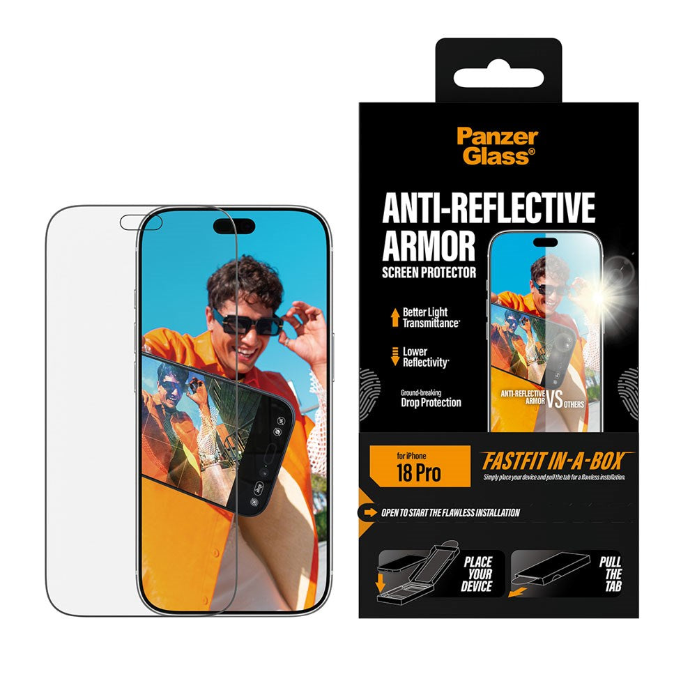 iPhone 18 Pro PanzerGlass Skærmbeskyttelse m. FastFit In-A-Box - Anti-Reflekterende - Gennemsigtig