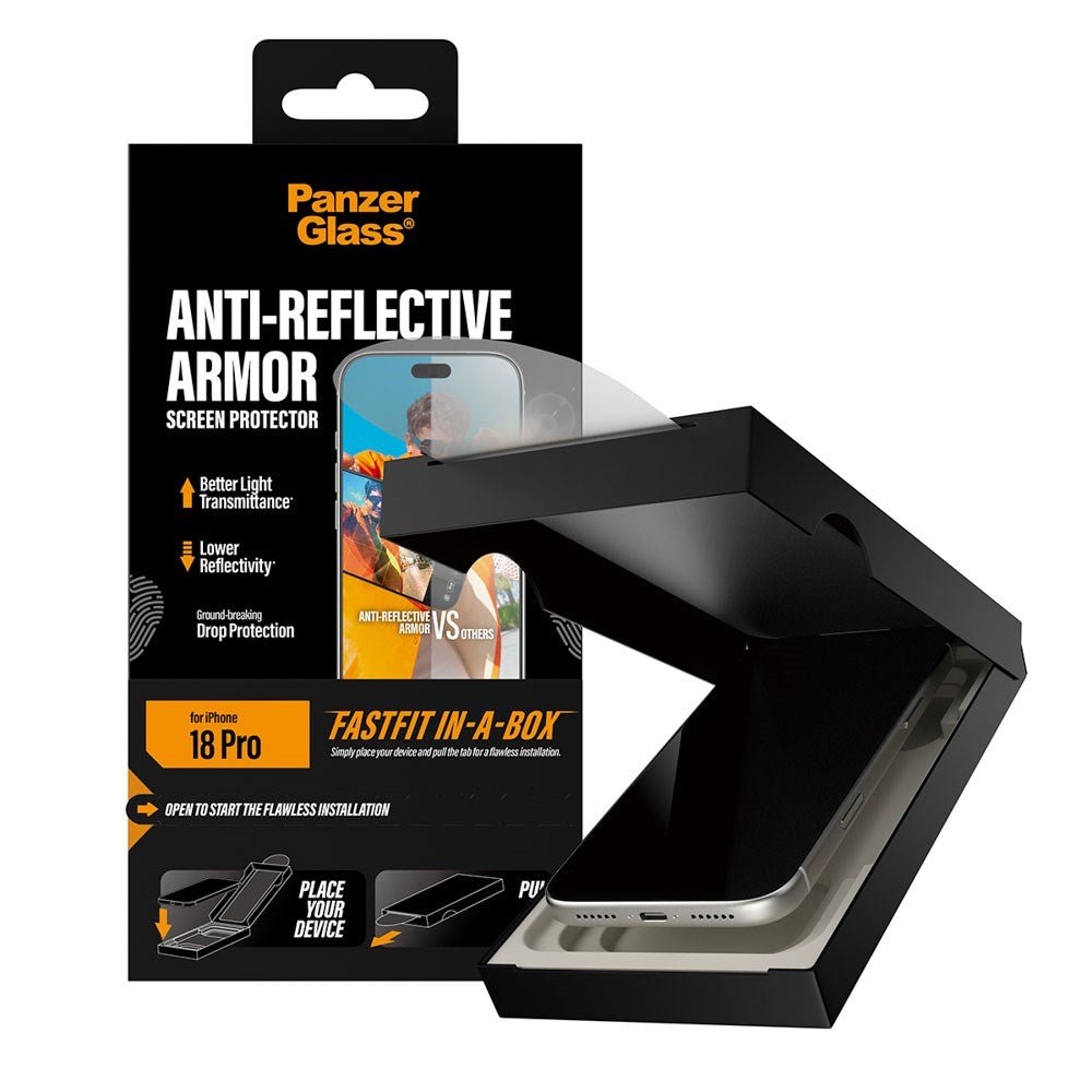 iPhone 18 Pro PanzerGlass Skærmbeskyttelse m. FastFit In-A-Box - Anti-Reflekterende - Gennemsigtig
