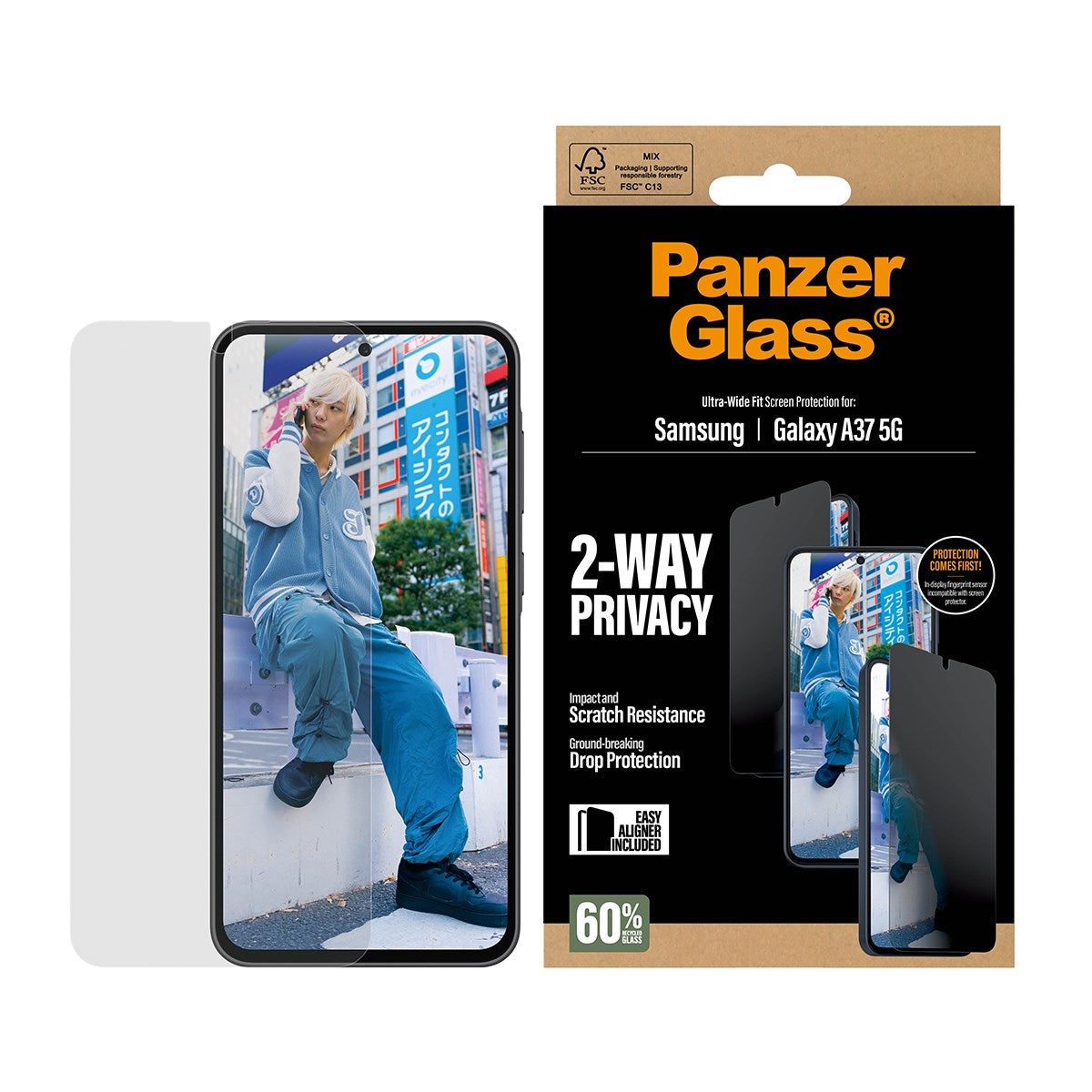 Samsung Galaxy A37 PanzerGlass 2-Way Privacy Skærmbeskyttelse m. EasyAligner - Gennemsigtig