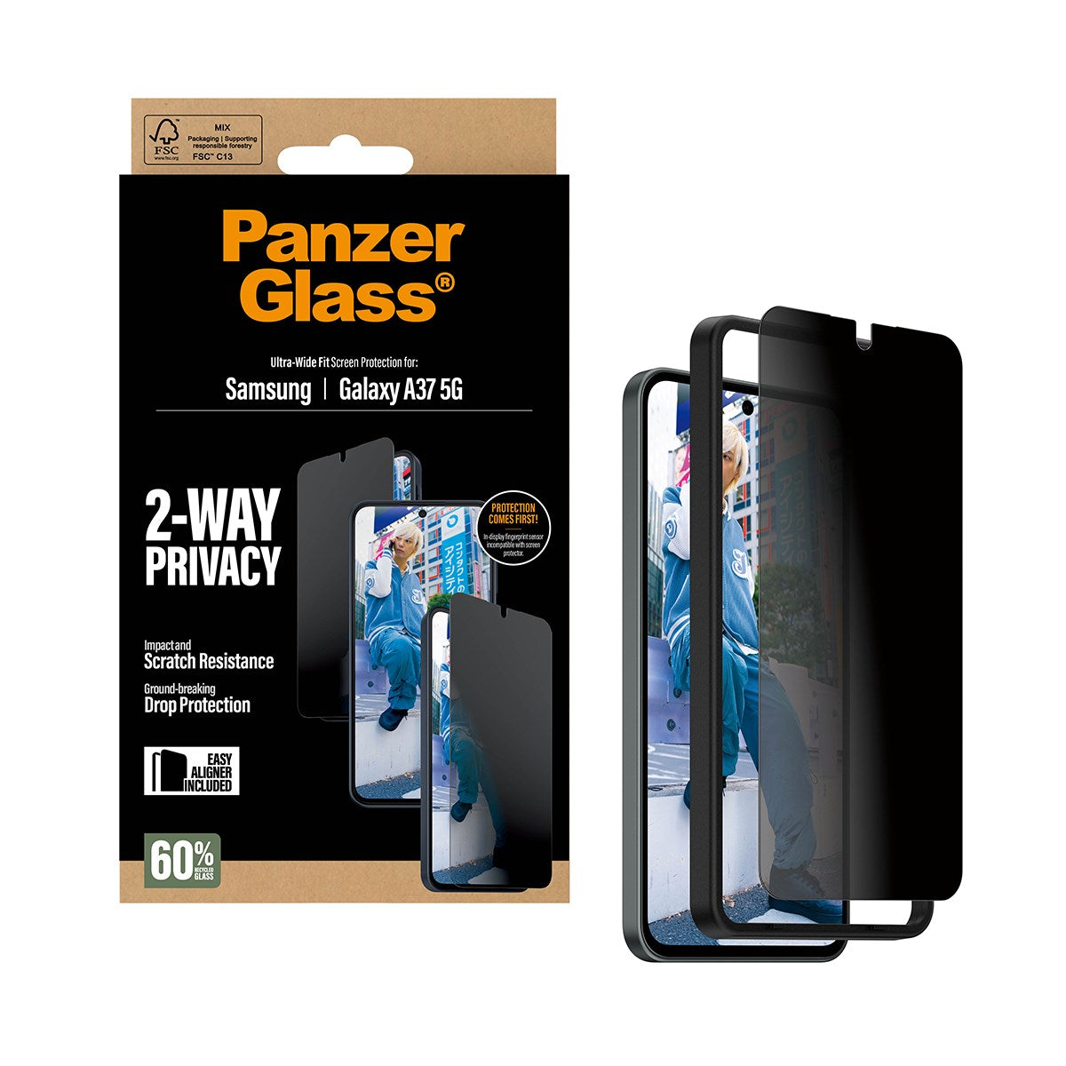 Samsung Galaxy A37 PanzerGlass 2-Way Privacy Skærmbeskyttelse m. EasyAligner - Gennemsigtig