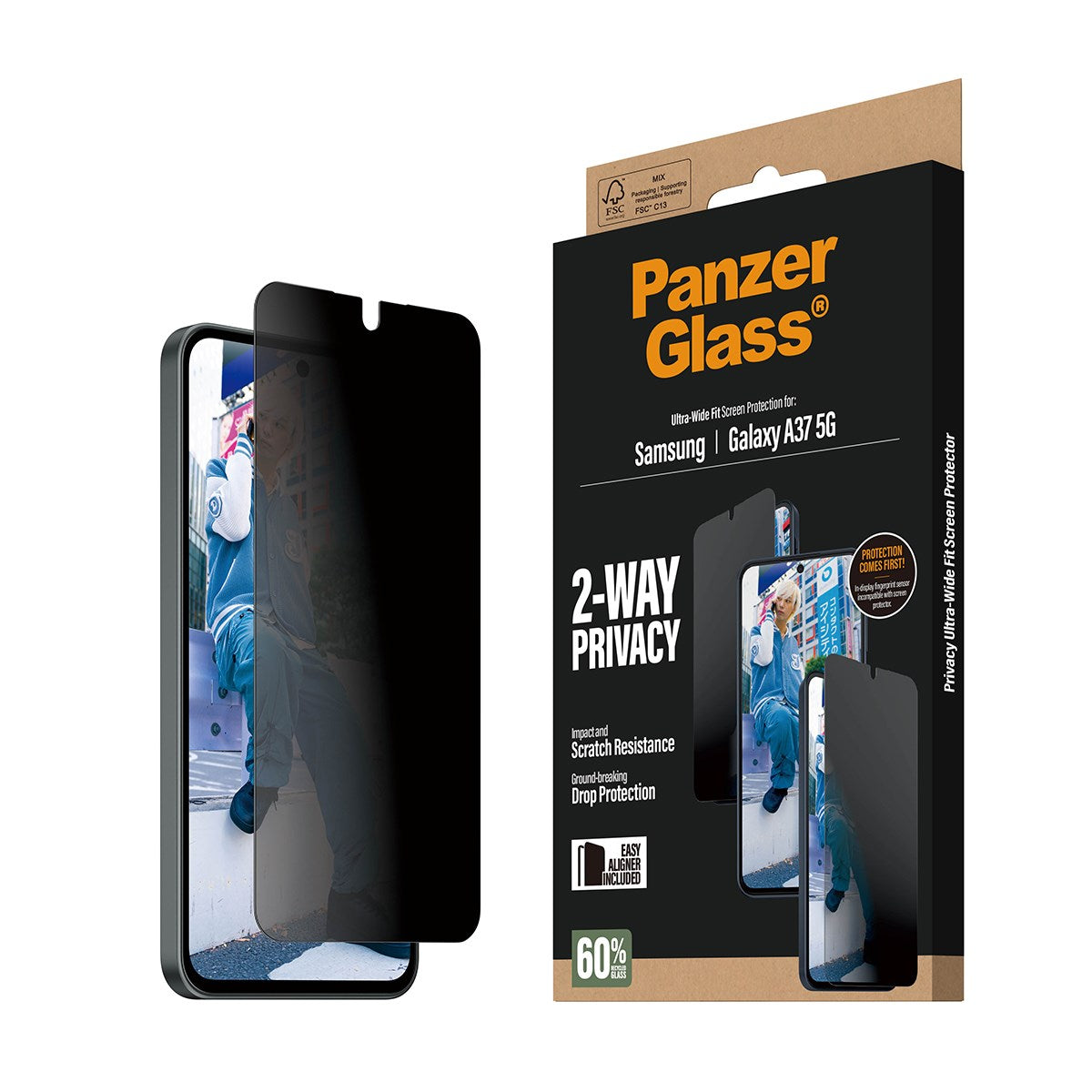 Samsung Galaxy A37 PanzerGlass 2-Way Privacy Skærmbeskyttelse m. EasyAligner - Gennemsigtig