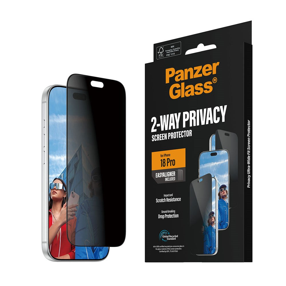 iPhone 18 Pro PanzerGlass Skærmbeskyttelsesglas - Ultra Wide Fit m. EasyAligner - Privacy - Gennemsigtig