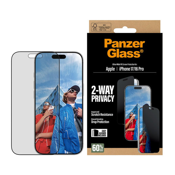 PanzerGlass iPhone 17 / 16 Pro 2-Way Privacy Skærmbeskyttelse - Ultra-Wide Fit - Gennemsigtig