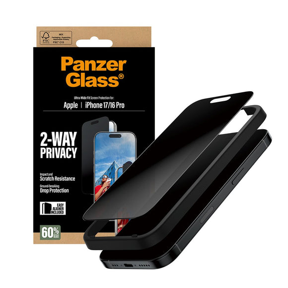 PanzerGlass iPhone 17 / 16 Pro 2-Way Privacy Skærmbeskyttelse - Ultra-Wide Fit - Gennemsigtig