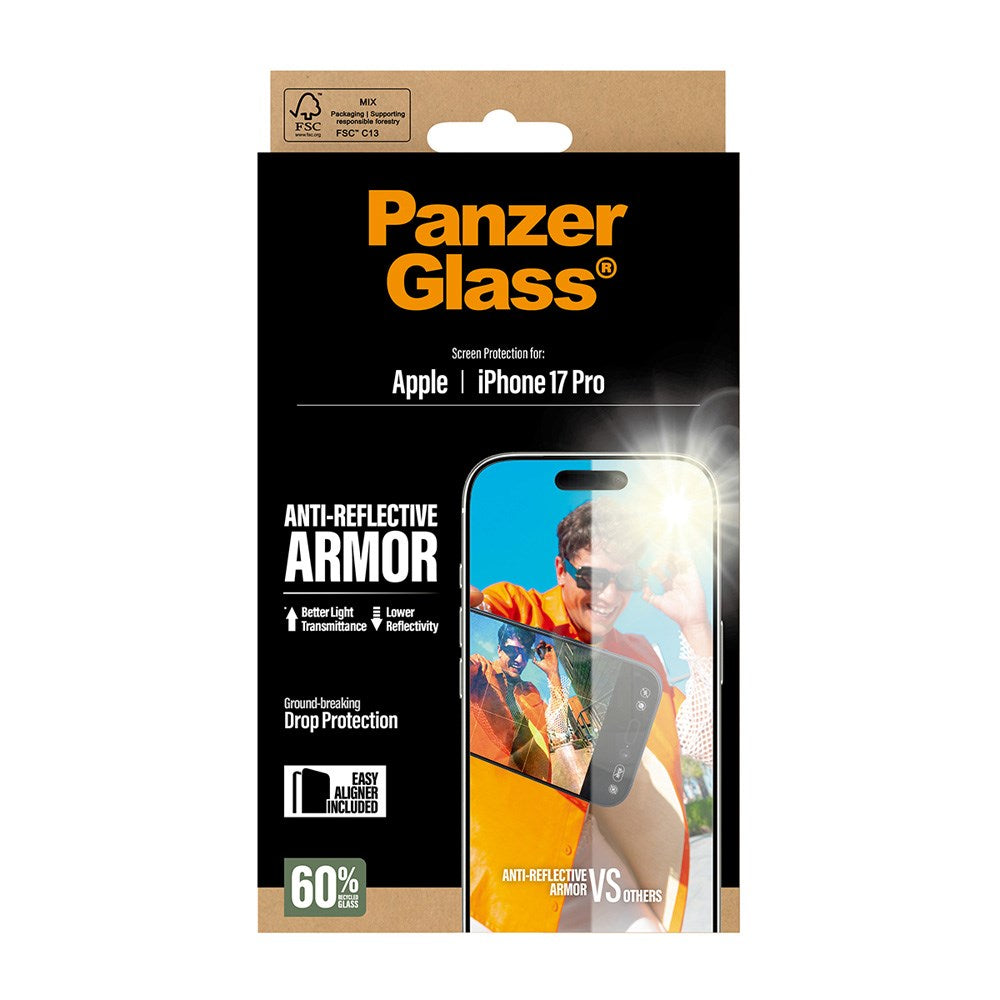 PanzerGlass iPhone 17 Pro Ultra Wide Fit Skærmbeskyttelse m. EasyAligner - Anti-Reflective - Gennemsigtig