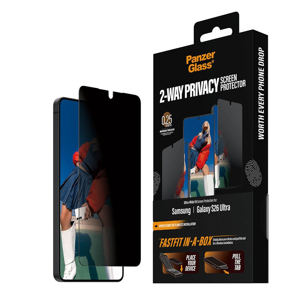 Samsung Galaxy S26 Ultra PanzerGlass 2-Way Privacy Skærmbeskyttelse m. FastFit In-A-Box - Gennemsigtig