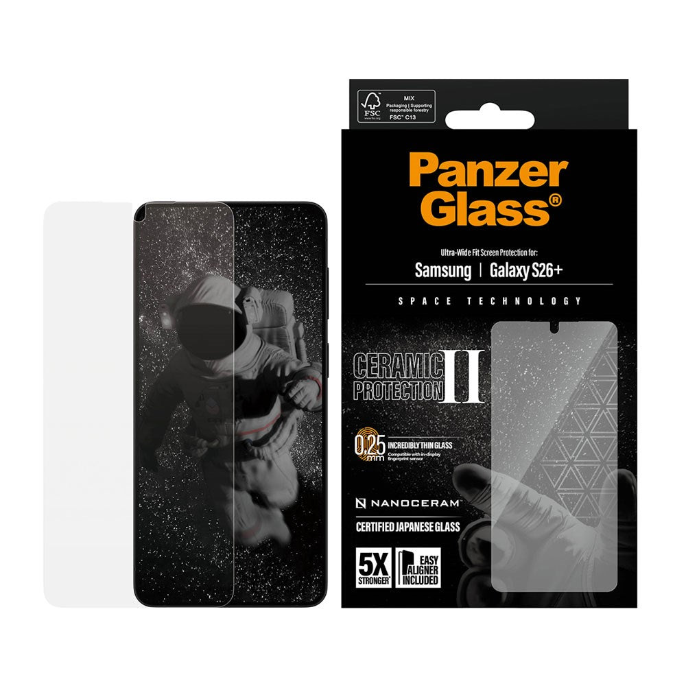 Samsung Galaxy S26+ (Plus) PanzerGlass Ceramic Skærmbeskyttelse m. EasyAligner - Ultra Wide Fit - Gennemsigtig