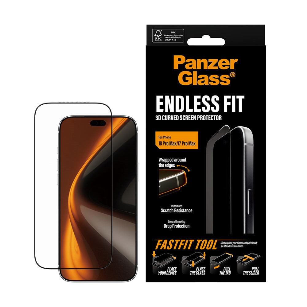 iPhone 18 Pro Max / 17 Pro Max PanzerGlass Endless Fit Skærnbeskyttelse m. FastFit-In-A-Box - Gennemsigtig