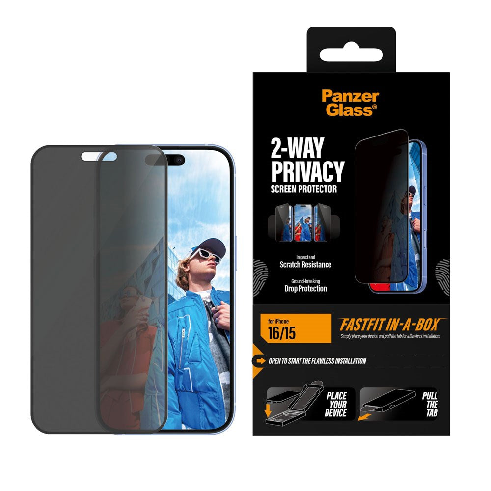 iPhone 16 / 15 PanzerGlass 2-Way Privacy Skærmbeskyttelse m. FastFit In-A-Box - Gennemsigtig